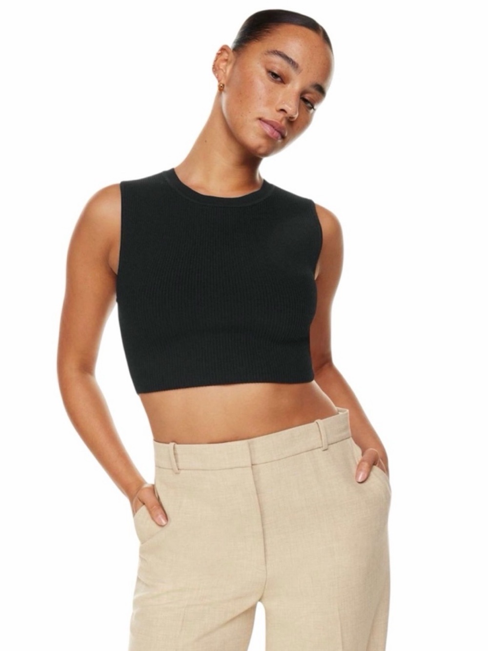 Aritzia babaton Sculpt Black knit muscle cropped tank top